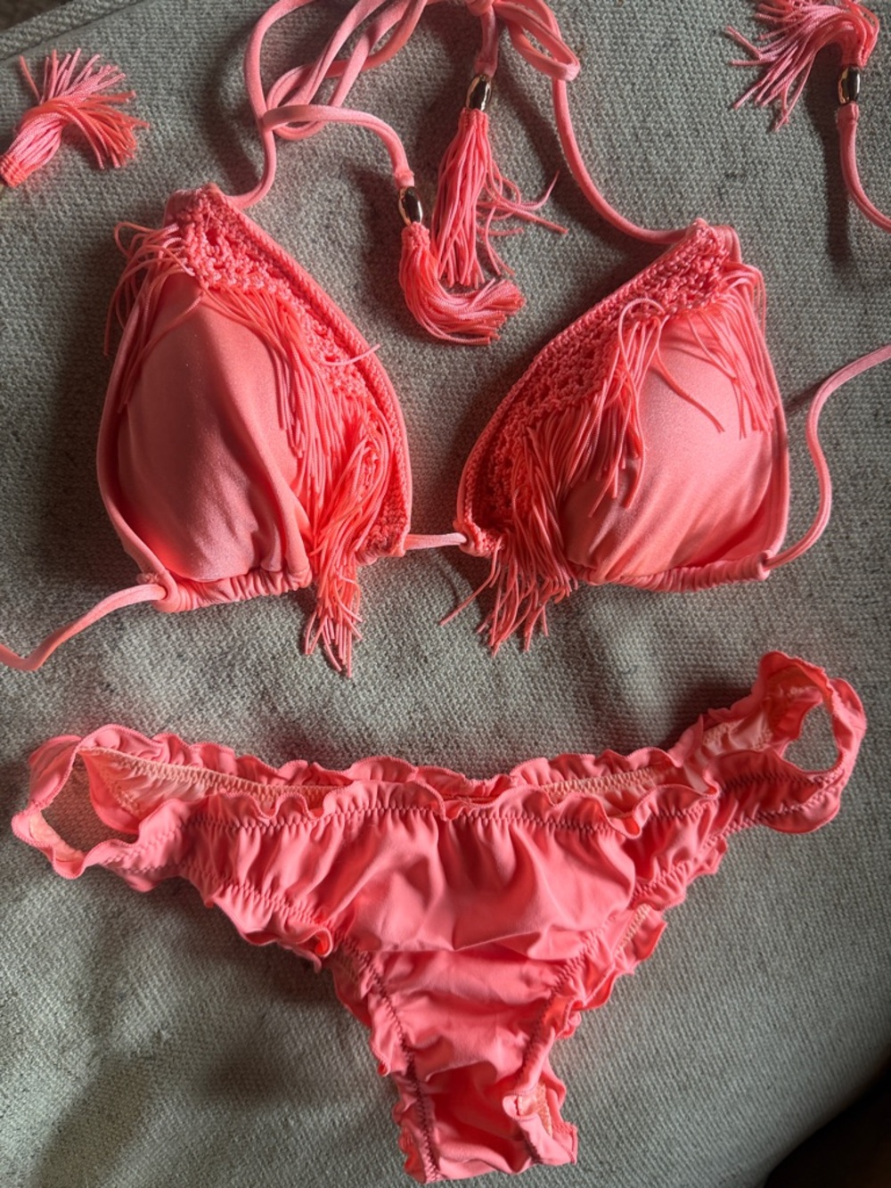 Victoria's Secret neon Coral Fringe Triangle Bikini